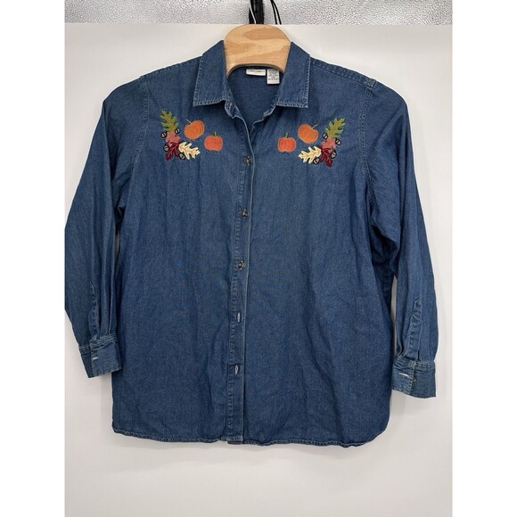 Vintage Cherokee button up denim shirt Flowers granny top embroidery size 22W - Picture 4 of 6